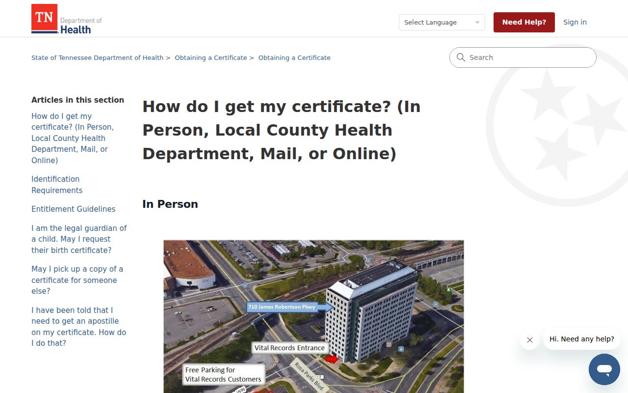 Franklin resident lookup Tennessee vital certificate request channels